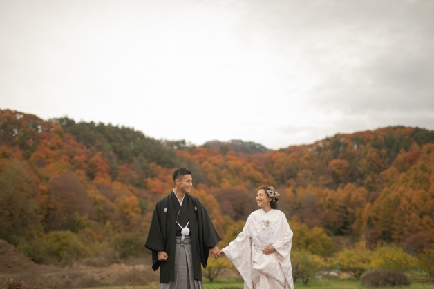秋の軽井沢でのロケーション撮影の写真です